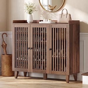 Mueble Zapatero Moderno <span class=keywords><strong>de</strong></span> Madera para Sala <span class=keywords><strong>de</strong></span> <span class=keywords><strong>Estar</strong></span>, Pasillo y Hotel, Zapatero Multicapa con Puerta <span class=keywords><strong>de</strong></span> Listones, Color Nogal - Product Image 4