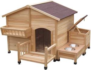 Hundehütte Holz im Freien mit Veranda Food Bowl Birds String Solid Home Blockhaus Stil Zwinger Wetter beständig Wasserdicht - Product Image 1