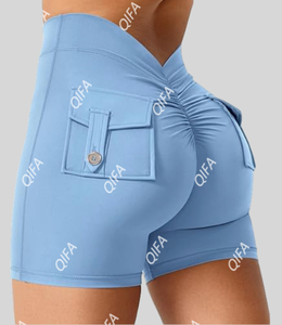 Pantalones cortos ajustados con cintura en V para Mujer, pantalones cortos de <span class=keywords><strong>Yoga</strong></span> con botones para levantar la cadera, novedad - Product Image 3