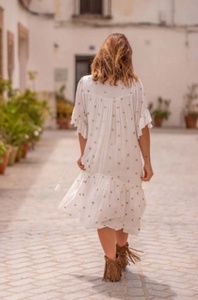 <b>White</b> Dot Print Sequined Boho <b>Maxi</b> Dress with Sleeveless Loose Fit Tie Neck Breathable Chiffon Summer Casual - Product Image 2