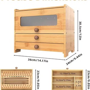 Bamboo Bread <b>Box</b> Double Layer With Slicer <b>Drawer</b> Countertop <b>Storage</b> Multifunctional Bakery Keeper - Product Image 4