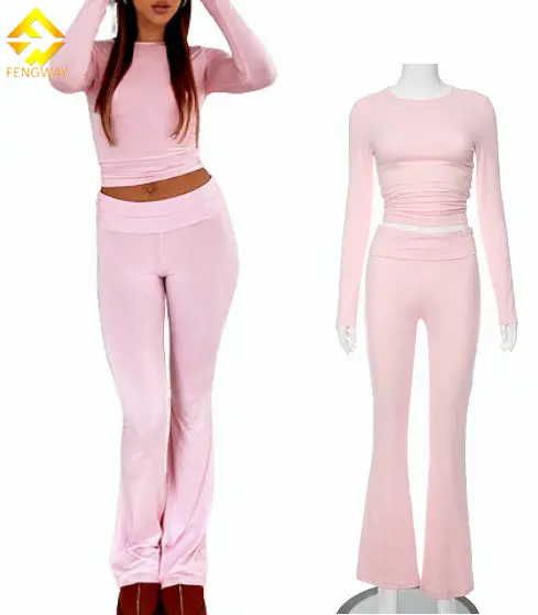 Conjunto de 2 peças para mulheres, roupas casuais rosa Y2K de manga comprida, top e cintura baixa, moda outono 2024, outono de 2024