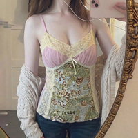 Débardeur tricoté Y2K pour femme en Spandex/Polyester avec dentelle florale, color block, buste froncé, sans manches, décontracté, 180g, fabriqué en Chine