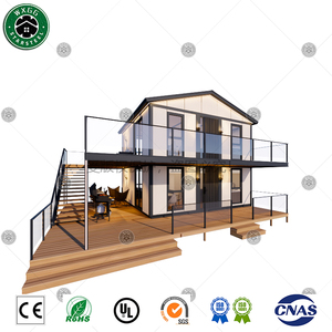 Moderna casa modular prefabricada de dos pisos en acero ligero, tipo resort villa, con balcón con barandilla de vidrio y terraza exterior. - Product Image 2