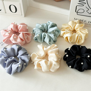 Nouveaux accessoires de mode pour femmes : Chouchous pour cheveux en tissu satiné couleur unie avec perles, grande taille, très élastiques et simples - Product Image 3