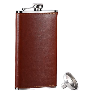 Gourde à liqueur portable en acier inoxydable de 6 oz avec étui en cuir pour les voyages en plein air, le camping, les hommes, les femmes, les cadeaux d'affaires, le whisky, le vin, l'alcool - Product Image 1