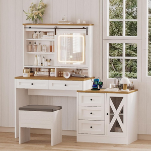 Contemporary Bedroom Women's Wood Eco-Friendly <strong>Big</strong> Makeup <strong>Dressing</strong> Vanity <strong>Table</strong> with Stool LED Mirror 5 Drawers - Product Image 1