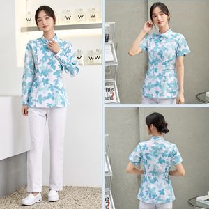 Traje dividido floral para enfermeras, ropa de trabajo de manga corta para Hogar de Ancianos, tela tejida de primavera y verano - Product Image 3