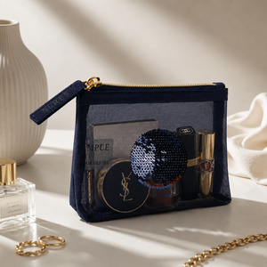 Navy See-Through Mesh <b>Mini</b> Coin Purse with Gold Zipper and Sequin Detail for Coins, Small Cosmetics and Everyday Essentials - Product Image 6