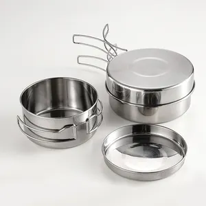 Multifunction 4 Pieces Outdoor Stainless Steel Pots Titanium Pots Camping Cooking Pot Set Cookware