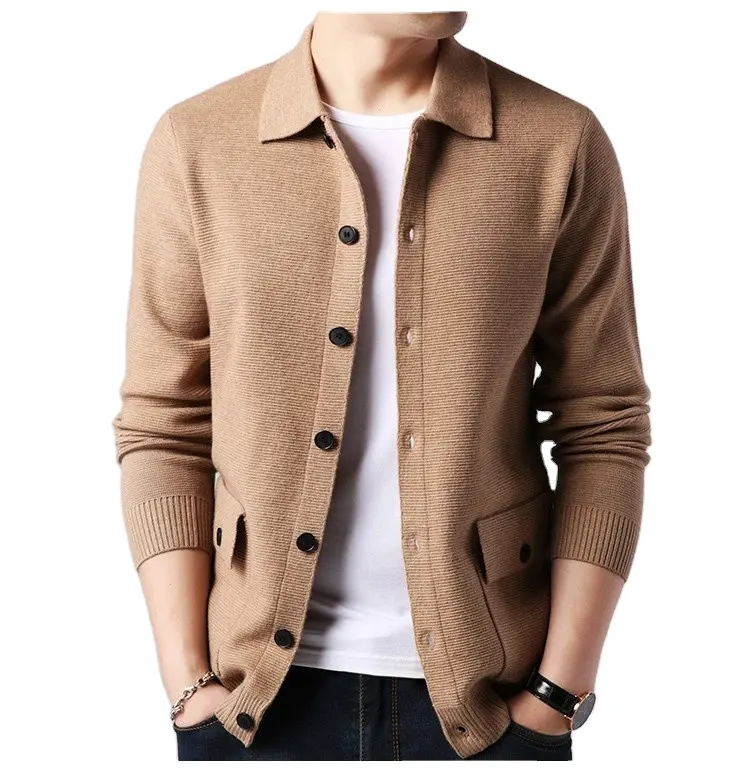 wholesale fashion apparel knitted latest button-down chunky thick knitted autumn winter men polo collar cardigan knitwear