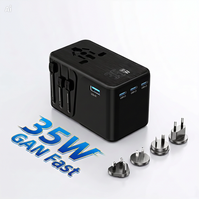 35W PD International Universal Plug Travel Adapter 4 USB C GaN Wall Fast Charger for UK US EU AU iPhone iPad Earbuds