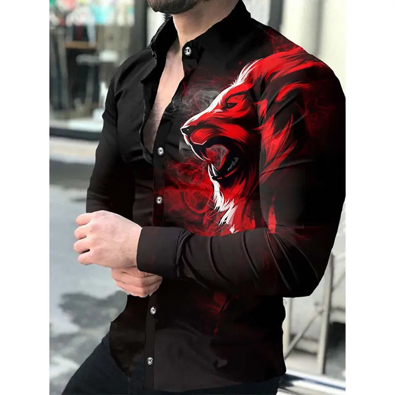 Hot Sale Herren Einreiher Shirt Schlankes 3D-Farbblockdruck Langarmhemd Schnellt rockn endes atmungsaktives Urlaubs hemd