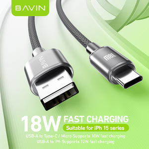Cable de Datos de Carga Rápida <span class=keywords><strong>USB</strong></span> Tipo <span class=keywords><strong>C</strong></span> de Nailon Trenzado CB303 de 18 W de BAVIN al por Mayor para Teléfonos Celulares - Product Image 2