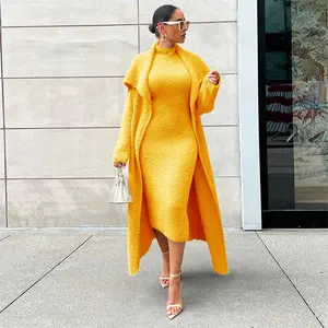 S-4XL Plus size new solid color plush suit cardigan jacket sleeveless dress knitted 2-piece suits for women
