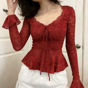 Blusa Elegante Casual de Mujer con Cuello V de Encaje Rojo, Manga Larga, Lazo Frontal y Mangas Acampanadas, Nuevo Estilo 2026 - Product Image 2