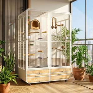 Jaula de Metal Moderna de Estilo Blanco con Cajones de Madera, Jaula Grande para Interiores para Loros y Periquitos - Product Image 1