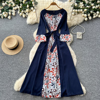 Robe longue maxi décontractée pour femme WIWT, à imprimé floral, manches 3/4, avec ceinture, pour un usage quotidien