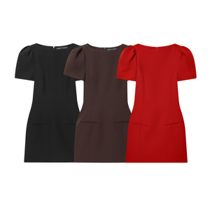 Abito Mini da <span class=keywords><strong>Donna</strong></span> 2026 Nuovo Stile Casual Elegante con Scollo a O e Tasche Decorative, Vestito Corto Retrò Chic a Maniche Corte Aderente - Product Image 1