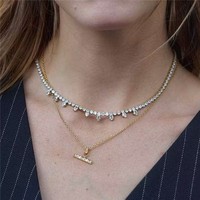 Collares con Colgante de Barra en T y Pendientes de Aro de Acero Inoxidable con Baño de Oro de 18K que No se Deslustra, con Circonita Cúbica, para un Estilo Diario Minimalista