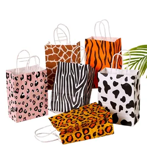 Bolsa de papel estampada de leopardo, bolsa para presente para crianças, decoração de festa de aniversário