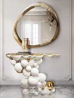 Console Design Italien Moderne de Luxe en Acier Inoxydable Métal Blanc et Or avec Miroir pour Entrée