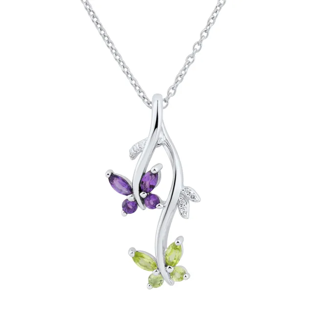 Feuille vintage en argent avec des pierres de zircon violet et vert minuscule pendentif coloré collier papillon pour les femmes