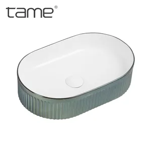 TAME PZ6504-EA1 kreativitas baru keramik mewah dilapisi garis hijau desain Bas-relief Oval Counter Top wastafel