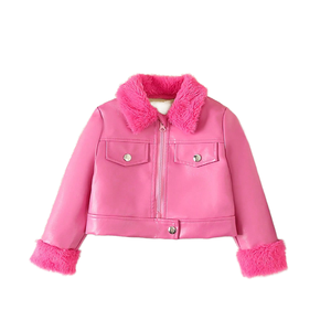 Veste d'hiver chaude en cuir PU imperméable avec fermeture éclair et col en fourrure pour petites filles - Product Image 3