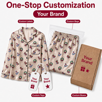Ensemble de pyjama pour femme en satin de polyester, personnalisé, beige, avec motif de couronne de Noël printanière et canne à sucre, col cranté sur le devant, POD MOQ 1PC