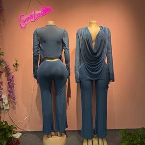 Elegante Completo Primaverile da Donna, Sexy Camicia con Scollo a V Profondo in Rete e Pantaloni Lunghi, Set 2 Pezzi Femminile Autunnale - Product Image 1