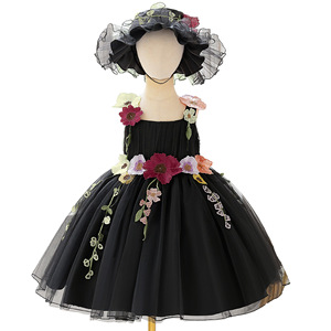 Abito da Principessa con Bretelle e Ricami Floreali 3D per Bambine, Vestito Formale in Tulle Nero per Matrimoni e Feste di Compleanno, Abbigliamento per Bambini all'Ingrosso - Product Image 5