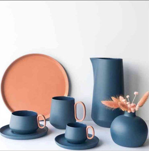 Precios de fábrica, tazas de café de porcelana esmaltada mate hechas a mano europeas, platillo de <span class=keywords><strong>taza</strong></span> de té de Color azul - Product Image 2