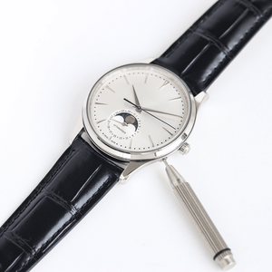 <b>Automatic</b> Mechanical Watch Moon Phase Display Stainless Steel Case Black Leather Strap Dress Watch for Men Daily Business Casual - Product Image 3