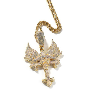 Bijoux de rappeur hip-hop Born 2 Chaos, pendentif en zircon glacé, pendentif en forme de crâne, croix <span class=keywords><strong>celtique</strong></span>, collier avec ailes d'ange - Product Image 5