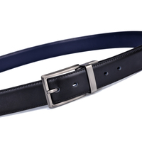 Sabuk Kulit Pria 3.2CM Biru dan Hitam, Sabuk Kulit Asli Bolak-Balik untuk Pria dengan Gesper Putar