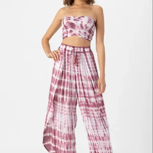 Custom Ladies Clothes Sexy Beach Print Tie Dye Outfits Off Shoulder Strapless Fitted Two Piece Pants Set Clothing