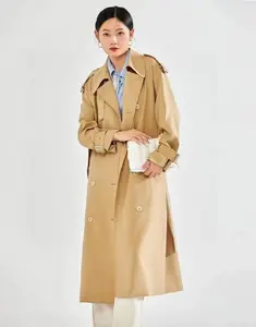 Nuevos abrigos largos de calidad superior prendas de vestir exteriores 2023 Otoño Invierno Trench mujeres Turn-Down Collar doble botonadura Casual caqui Rosa abrigo