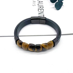 Tiger Eye Bead <b>Bracelet</b> 7.5 8.5 9 Inches <b>Leather</b> Stainless Steel Buckle Men's Vintage Jewelry Gift - Product Image 3