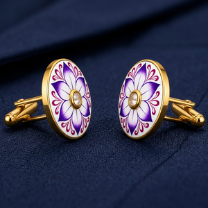 Boutons de manchette faits main en laiton plaqué or, motif lotus violet, pour homme, bijoux pour tenue formelle - Anniversaire, fête, mariage - Product Image 6