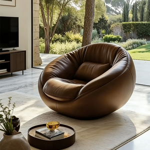 Fauteuil pivotant de salon contemporain de conception italienne en cuir marron, <span class=keywords><strong>canapé</strong></span> circulaire individuel, mobilier de luxe pour la maison - Product Image 2