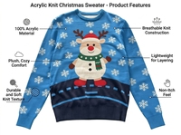 Pull tricoté de Noël imprimé hiver 100% acrylique chaud respirant unique motif hybride bonhomme de neige renne flocons de neige festif sur le devant