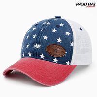 Gorra Trucker de Malla de Sarga Lavada de 6 Paneles con Logotipo Personalizado, Parche de Cuero, Estilo Vintage, Gorra de Béisbol con Cierre Ajustable