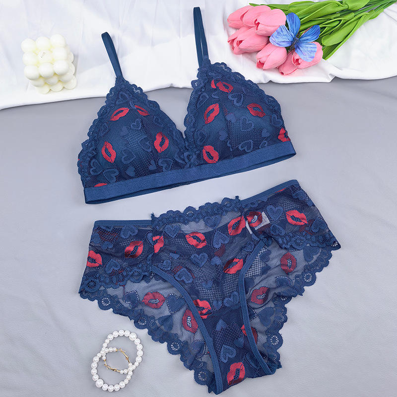 Wholesale Sexy Lip Print Lace Lingerie Set Non-Wired Bralette and Panties Set Multi-Color Fashion Underwear for Women