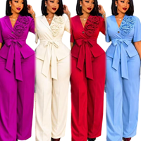 Ensemble tendance pour femmes, nouveau modèle à col en V, ensemble haut à ceinture brodée, pantalon à manches courtes, ensemble deux pièces uni