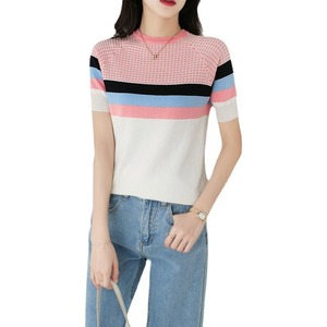 <span class=keywords><strong>Pull</strong></span> en maille de soie glacée à contraste de couleur, nouveau pour l'été, <span class=keywords><strong>pull</strong></span> pour femme, coupe ajustée, couleur contrastée, t-shirt à manches courtes - Product Image 5