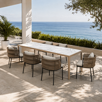 Ensemble de salle à manger d'extérieur pour resort, table à manger en teck résistante aux intempéries et chaises de salle à manger en aluminium et corde, personnalisation OEM
