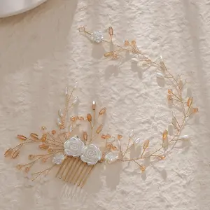 أزياء مصنوعة يدويا من سبيكة الزهرة الكاميلية، اكسسوارات غطاء الرأس لحفلات الزفاف، مشطات جانبية لؤلؤية للعروس