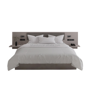 Economical Hotel <b>Bed</b> Sets Custom <b>Queen</b> King <b>Size</b> Fabric Upholstered Wooden <b>Bed</b> Frame with Wall-Mounted Headboard & Bedside Table - Product Image 1