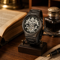 Montre squelette automatique analogique à 3 aiguilles pour homme, classique, en acier inoxydable plaqué ions noirs, résistante à l'eau, avec réserve de marche